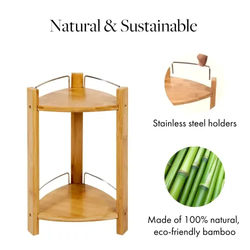 GOBAM Bamboo Shower Corner Caddy, Large - 2 Tier Standing Shower Stand for Shampoo, Conditioner, Lotion, Soap - Caddy Organizer for Kitchen, Bedroom, or Office