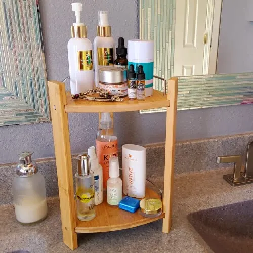 GOBAM Bamboo Shower Corner Caddy, Large - 2 Tier Standing Shower Stand for Shampoo, Conditioner, Lotion, Soap - Caddy Organizer for Kitchen, Bedroom, or Office