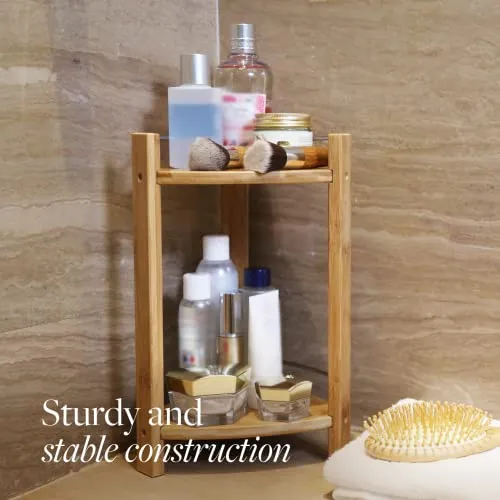GOBAM Bamboo Shower Corner Caddy, Large - 2 Tier Standing Shower Stand for Shampoo, Conditioner, Lotion, Soap - Caddy Organizer for Kitchen, Bedroom, or Office