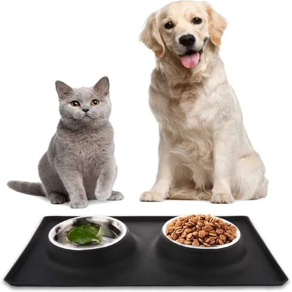 Goofy Tails Rectangle Silicone Double Dinner with Stainless Steel Food Bowl For Dogs (Blue)