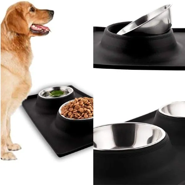 Goofy Tails Rectangle Silicone Double Dinner with Stainless Steel Food Bowl For Dogs (Blue)