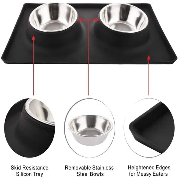 Goofy Tails Rectangle Silicone Double Dinner with Stainless Steel Food Bowl For Dogs (Blue)