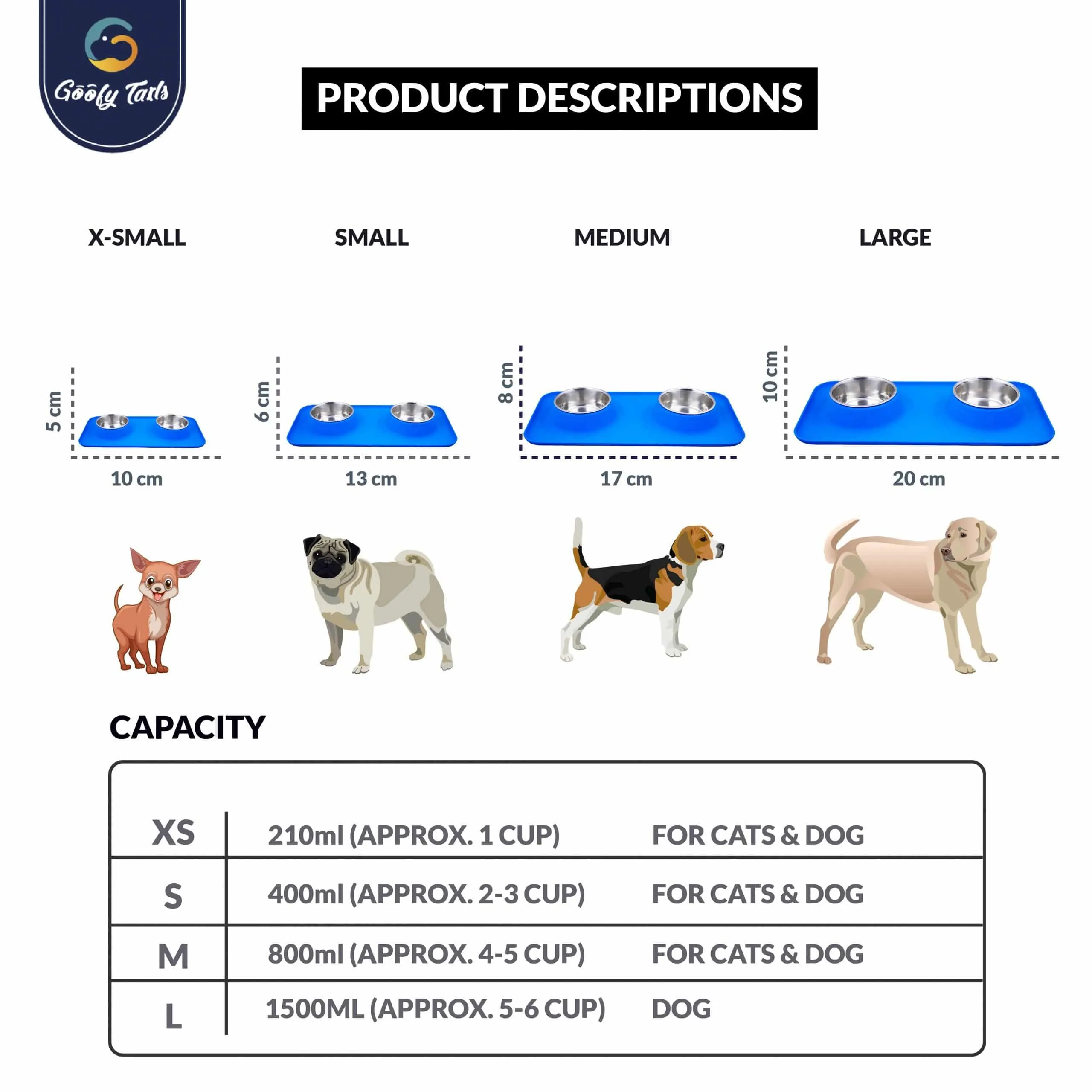 Goofy Tails Rectangle Silicone Double Dinner with Stainless Steel Food Bowl For Dogs (Blue)
