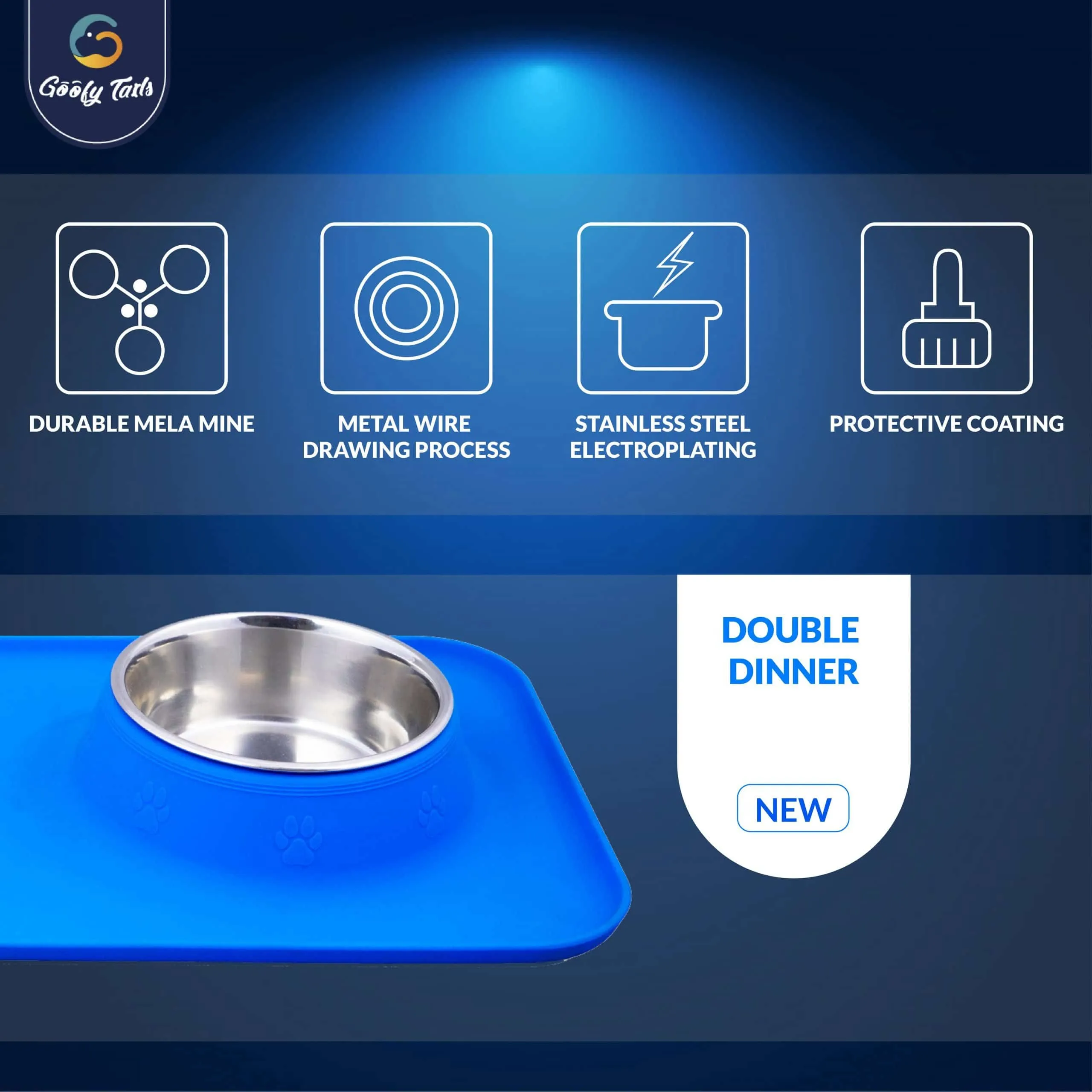 Goofy Tails Rectangle Silicone Double Dinner with Stainless Steel Food Bowl For Dogs (Blue)