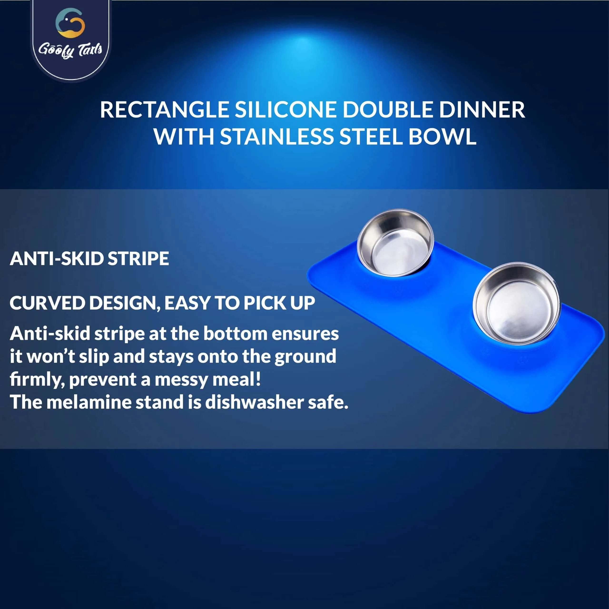 Goofy Tails Rectangle Silicone Double Dinner with Stainless Steel Food Bowl For Dogs (Blue)
