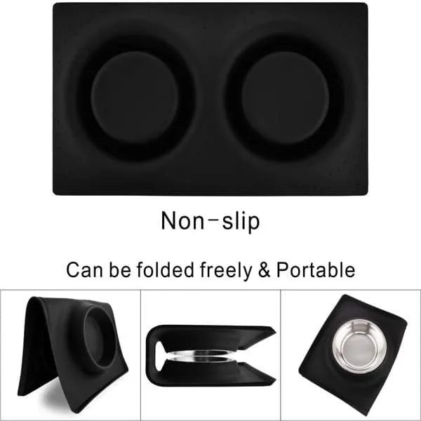 Goofy Tails Rectangle Silicone Double Dinner with Stainless Steel Food Bowl For Dogs (Blue)