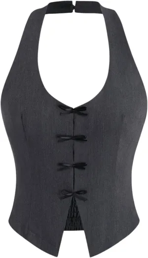 GORGLITTER Women's Bow Tie Front Vest Tops Fashion Asymmetrical Backless Fitted Halter Top Classy Academia Crop Tops