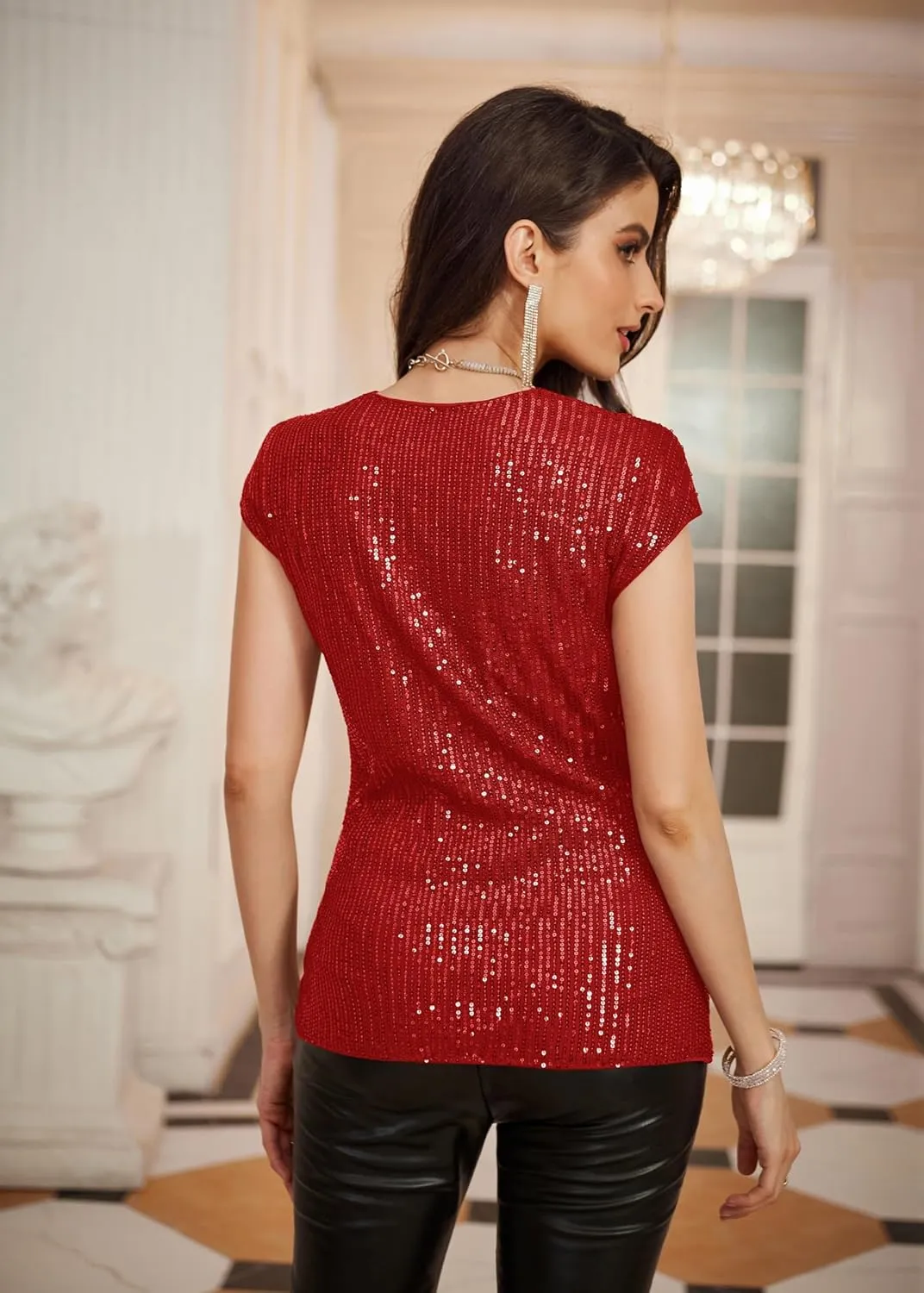 GRACE KARIN Womens Sparkle Sequin Top Shimmer Glitter Blouse Twist Front V Neck Cap Sleeve Club Party Shirt