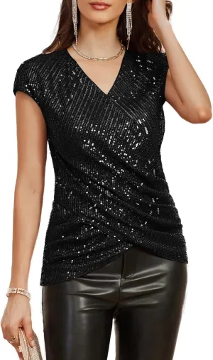 GRACE KARIN Womens Sparkle Sequin Top Shimmer Glitter Blouse Twist Front V Neck Cap Sleeve Club Party Shirt