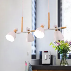 Grey/White/Green Bell Island Lamp - Nordic 4-Light Iron Pendant with Rotatable Design and Wood Decoration