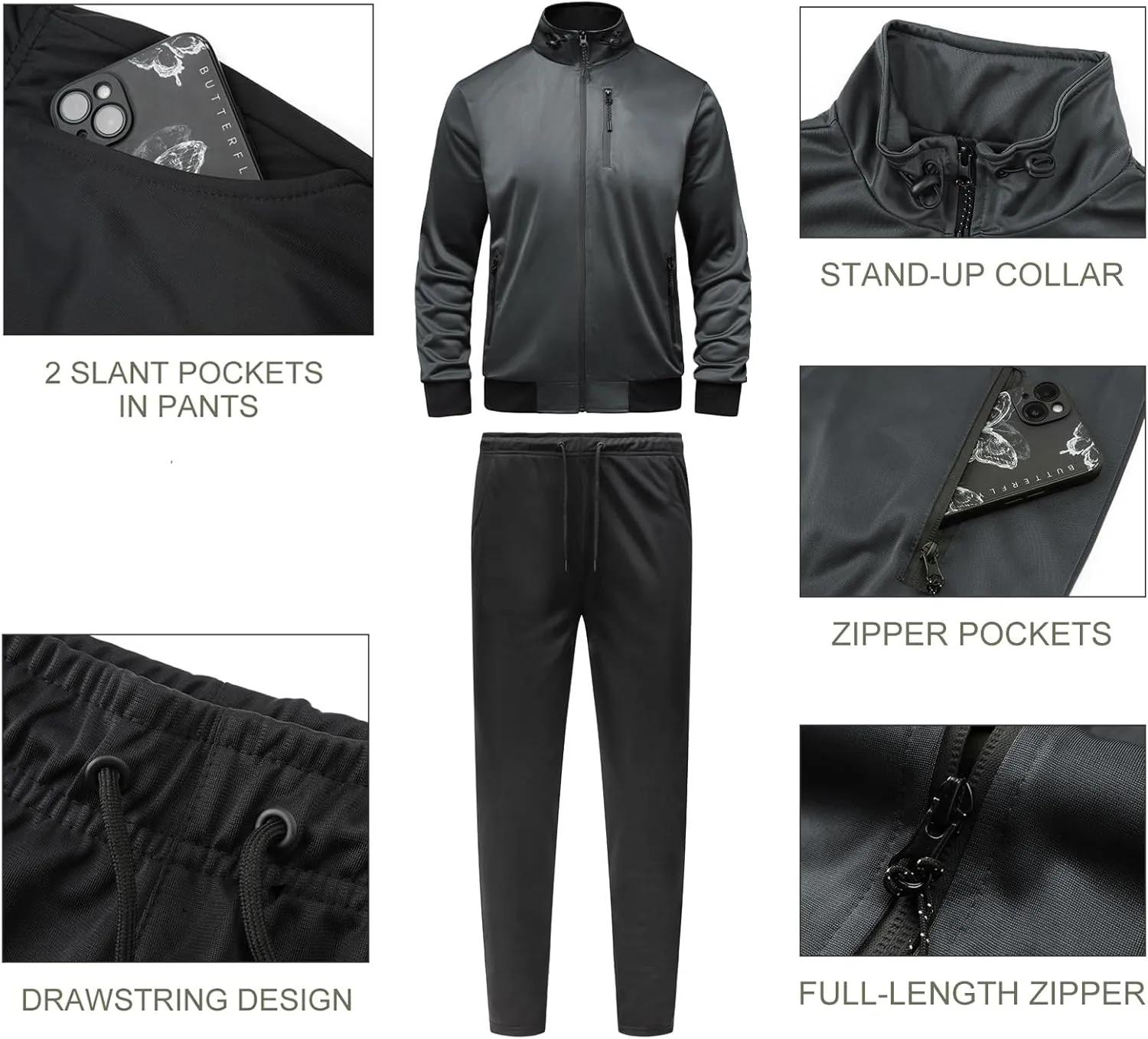 GYMELITE Men's Athletic Full Zip Tracksuit Set Fashion Workout Sweatsuit Track Long Sleeve Jackets and Pants 2 Piece Outfit