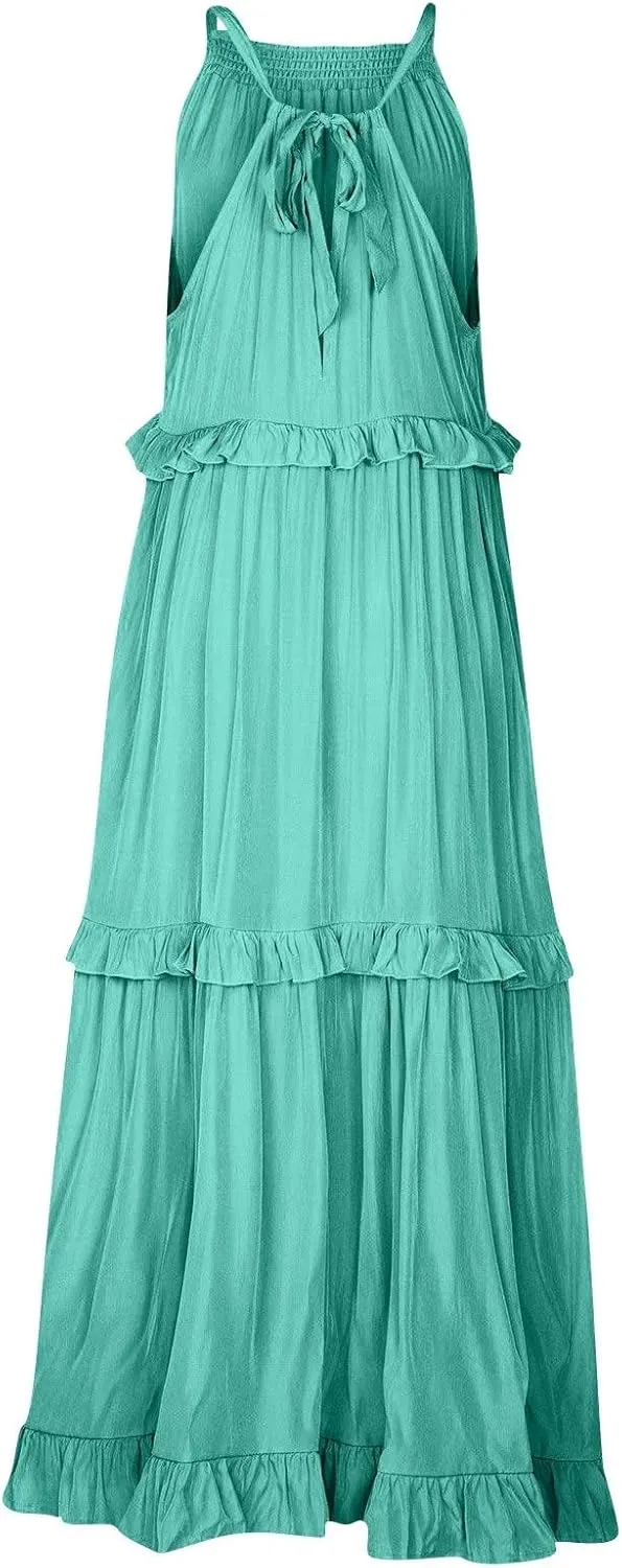 Halter Maxi Dresses for Women Flowy Summer Sleeveless Ruffle Dress Summer Smocked Layered Formal Long Dresses