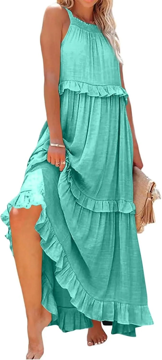 Halter Maxi Dresses for Women Flowy Summer Sleeveless Ruffle Dress Summer Smocked Layered Formal Long Dresses