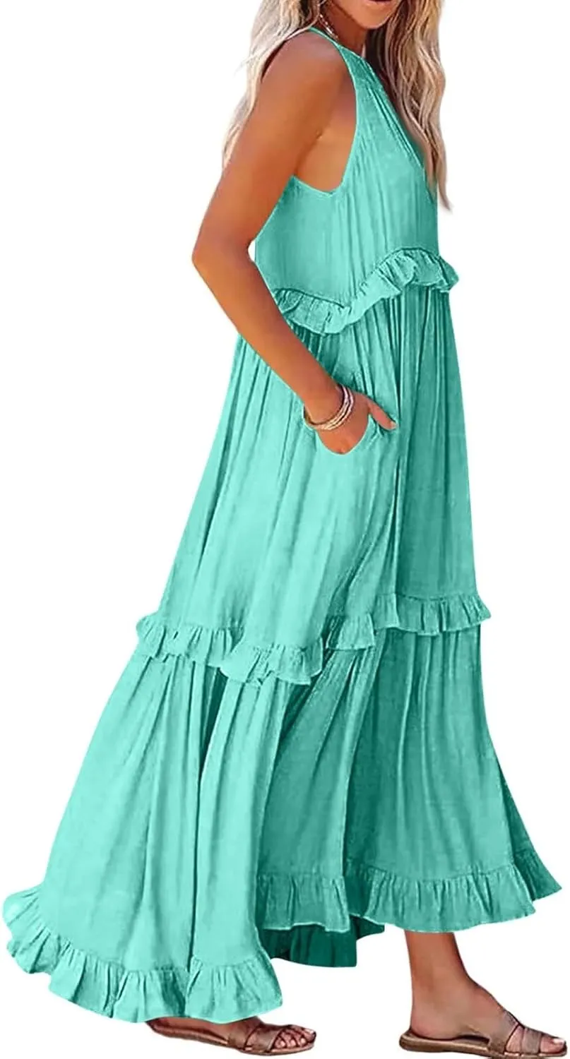 Halter Maxi Dresses for Women Flowy Summer Sleeveless Ruffle Dress Summer Smocked Layered Formal Long Dresses
