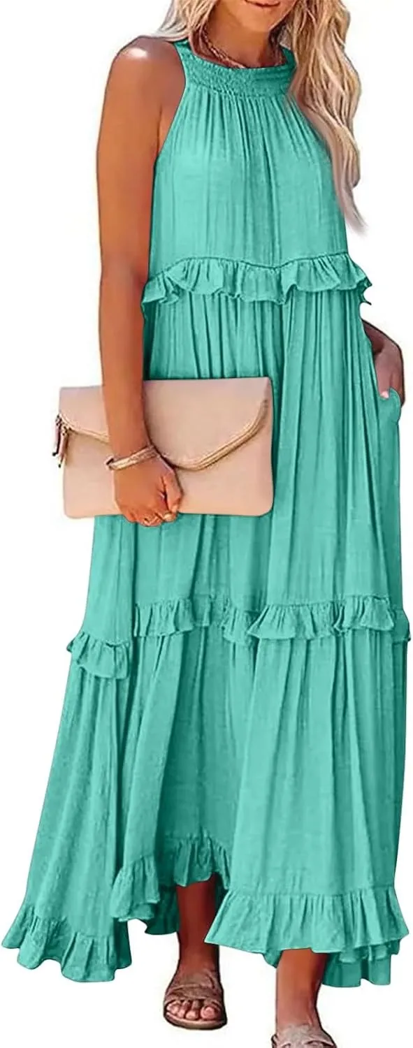 Halter Maxi Dresses for Women Flowy Summer Sleeveless Ruffle Dress Summer Smocked Layered Formal Long Dresses