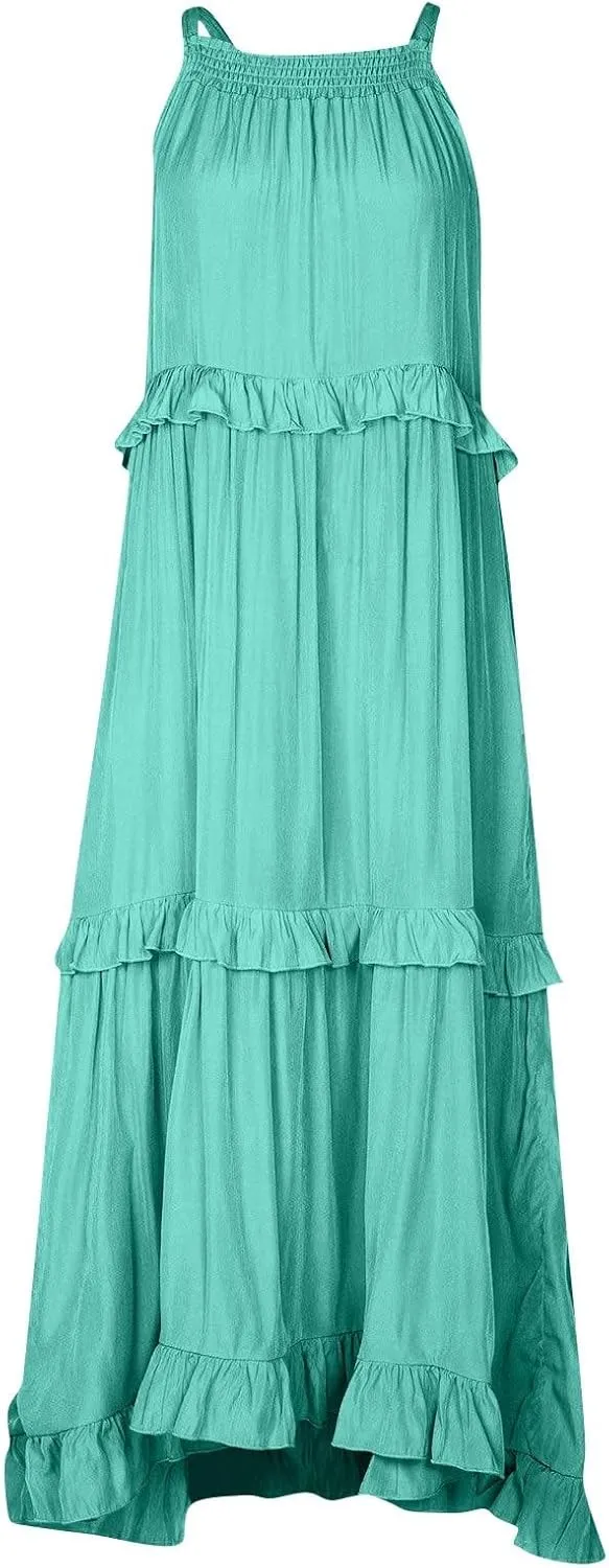 Halter Maxi Dresses for Women Flowy Summer Sleeveless Ruffle Dress Summer Smocked Layered Formal Long Dresses