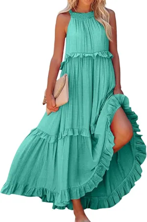 Halter Maxi Dresses for Women Flowy Summer Sleeveless Ruffle Dress Summer Smocked Layered Formal Long Dresses