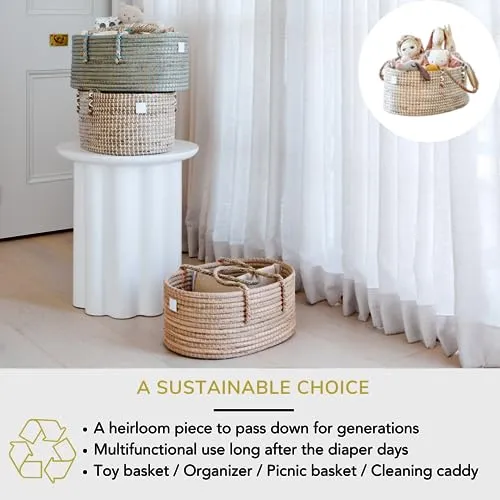 Handmade Organic Seagrass Diaper Caddy Blue Basket Baby Boy's Diaper Organizer