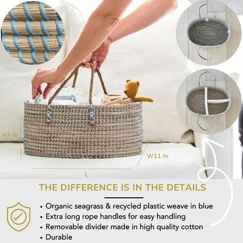 Handmade Organic Seagrass Diaper Caddy Blue Basket Baby Boy's Diaper Organizer