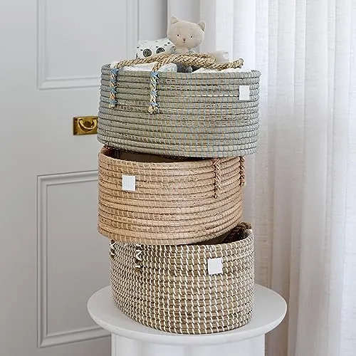 Handmade Organic Seagrass Diaper Caddy Blue Basket Baby Boy's Diaper Organizer