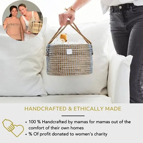Handmade Organic Seagrass Diaper Caddy Blue Basket Baby Boy's Diaper Organizer