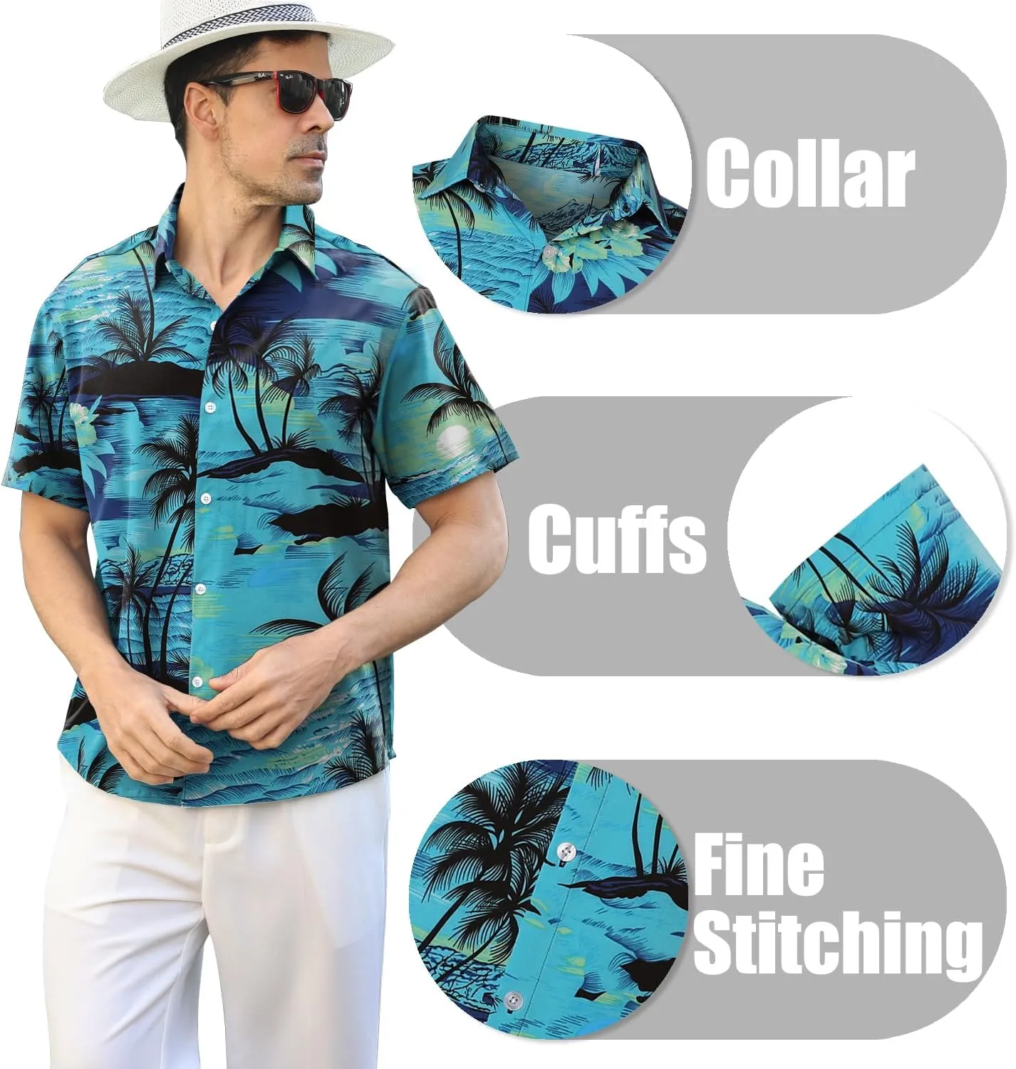Hawaiian Shirt for Men Sleeves Printed Casual Button Down Summer Beach Dress Shirts