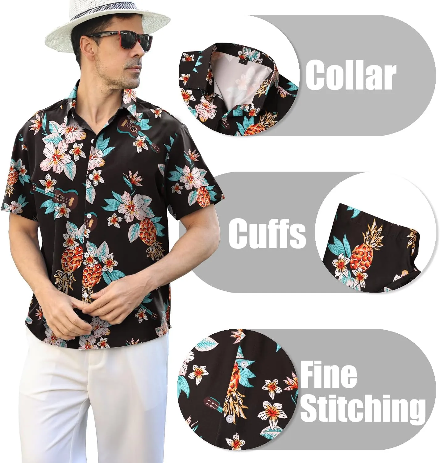Hawaiian Shirt for Men Sleeves Printed Casual Button Down Summer Beach Dress Shirts