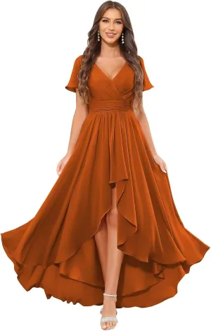 High Low Bridesmaid Dresses for Women Short Sleeves Chiffon Ruched Wedding Formal Evening Gown with Pockets