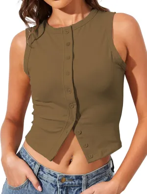 High Neck Tank Tops for Women Button Front Sleeveless Summer Cropped Tank Casual Slim Fitted Tank Tops