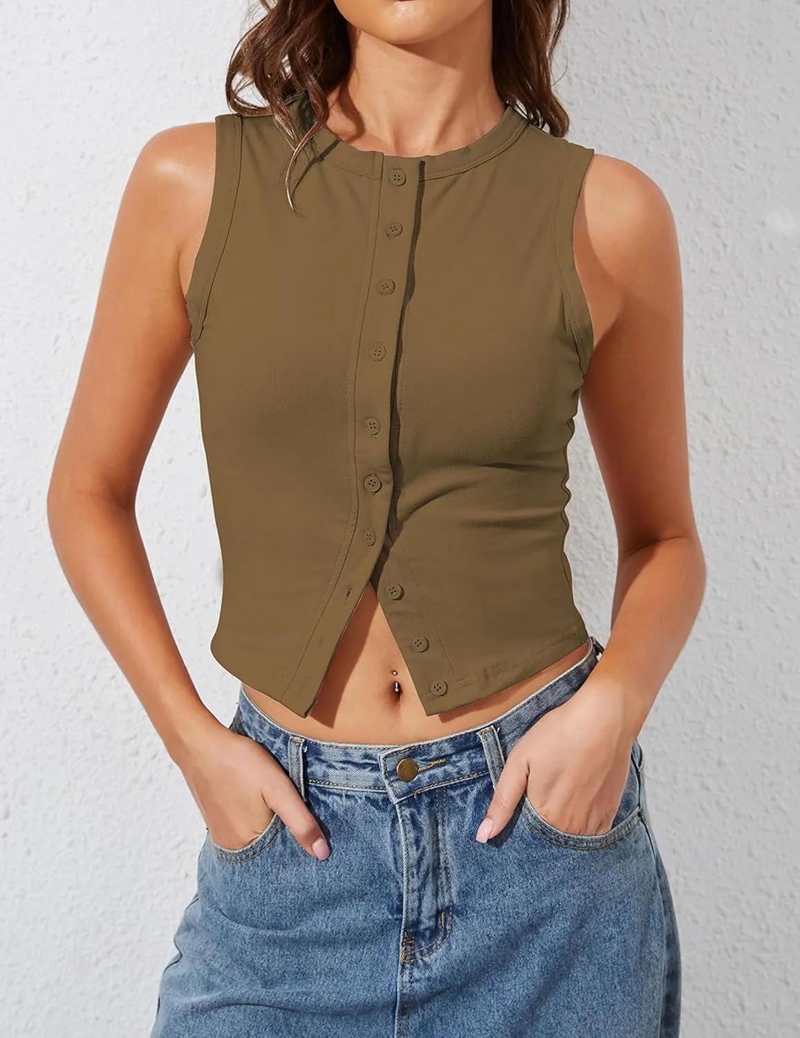 High Neck Tank Tops for Women Button Front Sleeveless Summer Cropped Tank Casual Slim Fitted Tank Tops