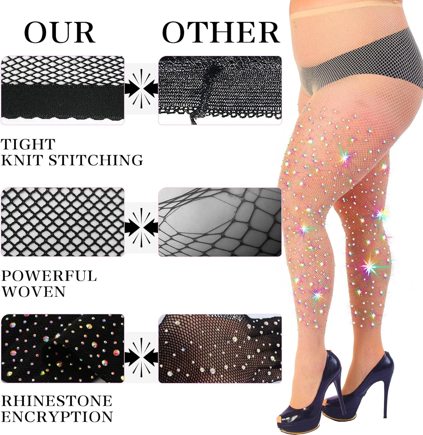 HONENNA Queen Plus Size 10X Strong Rhinestone Fishnet Stockings, Ultra Sparkly High Waist Tights for Women, Party Concert
