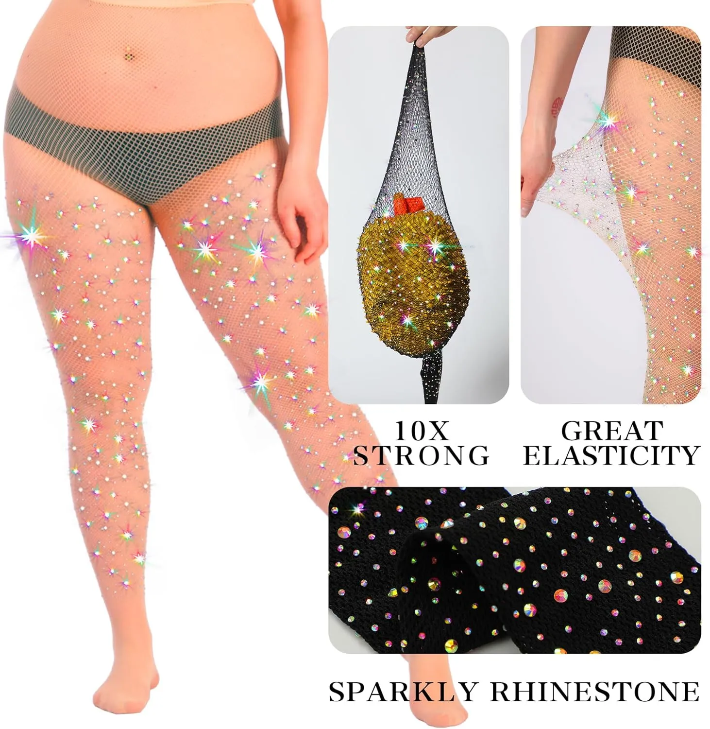 HONENNA Queen Plus Size 10X Strong Rhinestone Fishnet Stockings, Ultra Sparkly High Waist Tights for Women, Party Concert