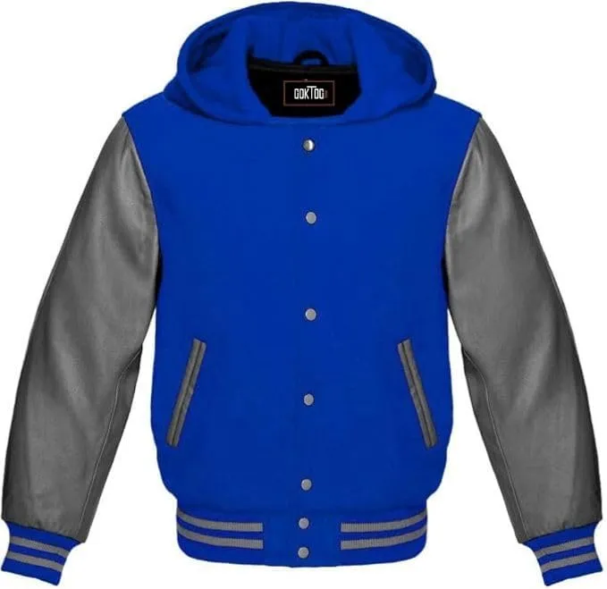 Hooded Varsity Jacket Women, Baseball Letterman Wool Body Genuine Leather Sleeves Bomber Jackets with Hood