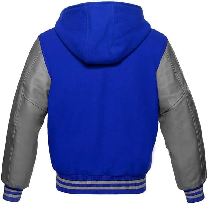 Hooded Varsity Jacket Women, Baseball Letterman Wool Body Genuine Leather Sleeves Bomber Jackets with Hood