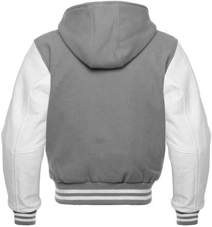 Hooded Varsity Jacket Women, Baseball Letterman Wool Body Genuine Leather Sleeves Bomber Jackets with Hood