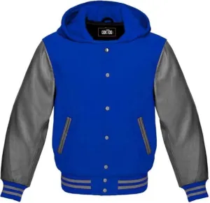 Hooded Varsity Jacket Women, Baseball Letterman Wool Body Genuine Leather Sleeves Bomber Jackets with Hood