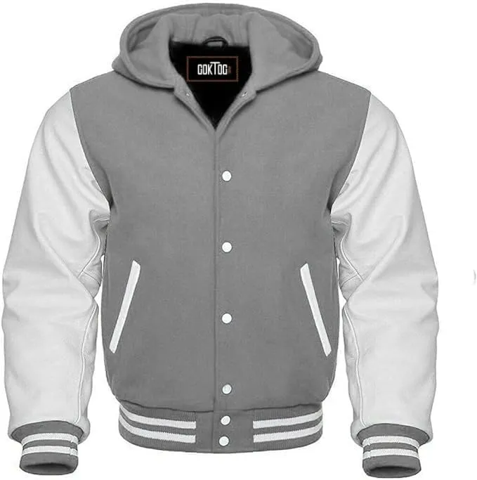 Hooded Varsity Jacket Women, Baseball Letterman Wool Body Genuine Leather Sleeves Bomber Jackets with Hood