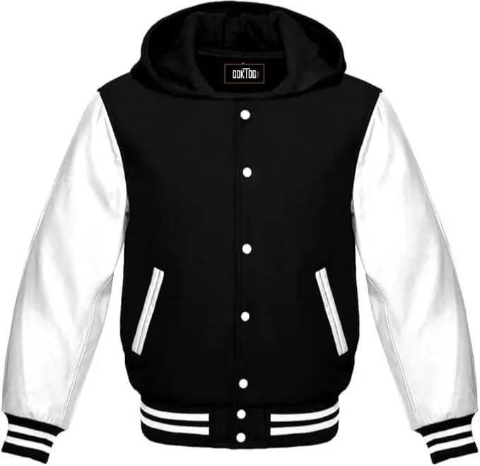Hooded Varsity Jacket Women, Baseball Letterman Wool Body Genuine Leather Sleeves Bomber Jackets with Hood
