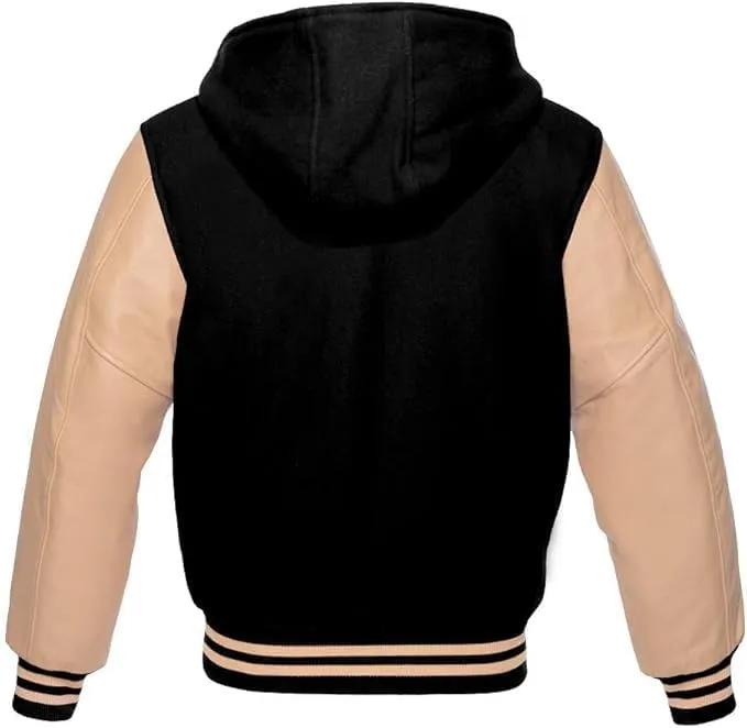 Hooded Varsity Jacket Women, Baseball Letterman Wool Body Genuine Leather Sleeves Bomber Jackets with Hood