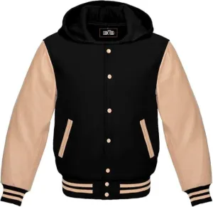 Hooded Varsity Jacket Women, Baseball Letterman Wool Body Genuine Leather Sleeves Bomber Jackets with Hood