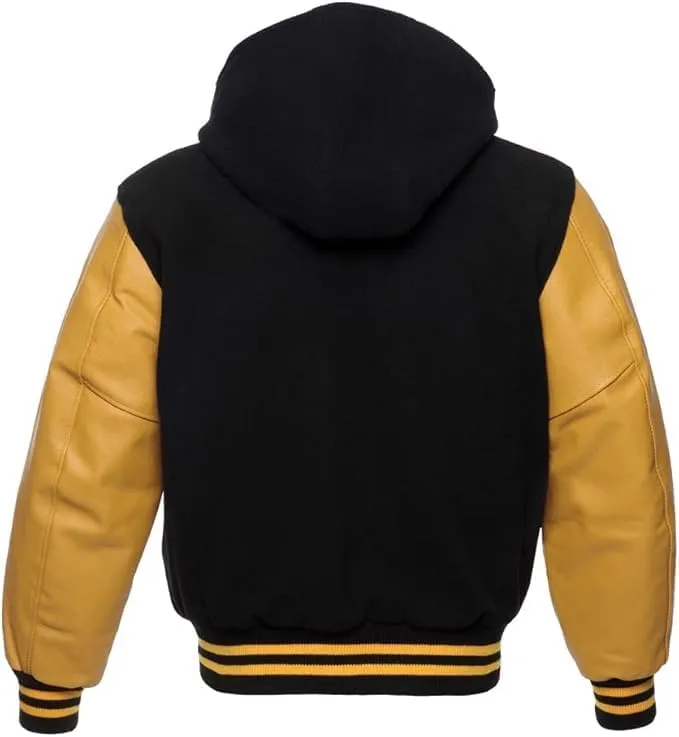 Hooded Varsity Jacket Women, Baseball Letterman Wool Body Genuine Leather Sleeves Bomber Jackets with Hood