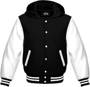 Hooded Varsity Jacket Women, Baseball Letterman Wool Body Genuine Leather Sleeves Bomber Jackets with Hood