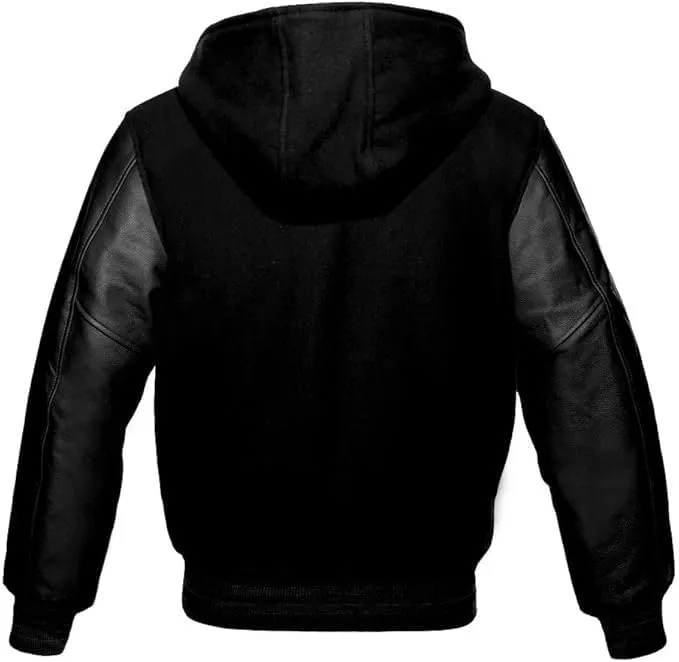 Hooded Varsity Jacket Women, Baseball Letterman Wool Body Genuine Leather Sleeves Bomber Jackets with Hood
