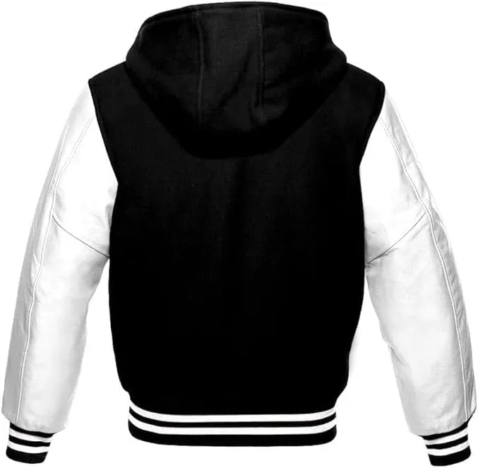 Hooded Varsity Jacket Women, Baseball Letterman Wool Body Genuine Leather Sleeves Bomber Jackets with Hood