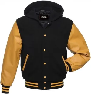 Hooded Varsity Jacket Women, Baseball Letterman Wool Body Genuine Leather Sleeves Bomber Jackets with Hood