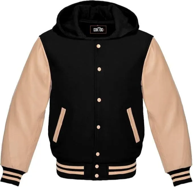 Hooded Varsity Jacket Women, Baseball Letterman Wool Body Genuine Leather Sleeves Bomber Jackets with Hood