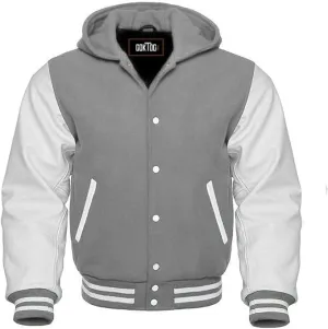 Hooded Varsity Jacket Women, Baseball Letterman Wool Body Genuine Leather Sleeves Bomber Jackets with Hood