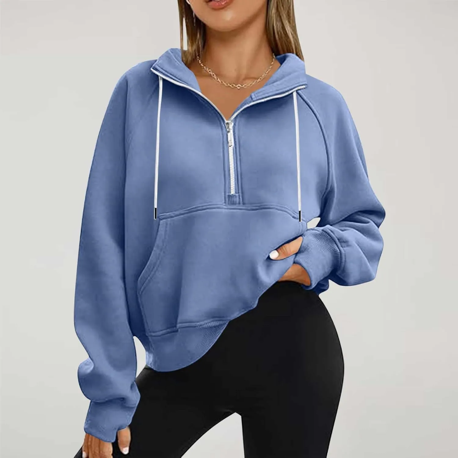 Hoodies for Teen Girls Half Zip Crop Sweatshirt Drawstring Pullover Going Out Cute Fashion Dating Shirts Thumb Hole