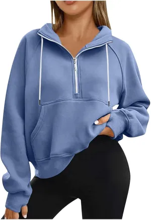 Hoodies for Teen Girls Half Zip Crop Sweatshirt Drawstring Pullover Going Out Cute Fashion Dating Shirts Thumb Hole
