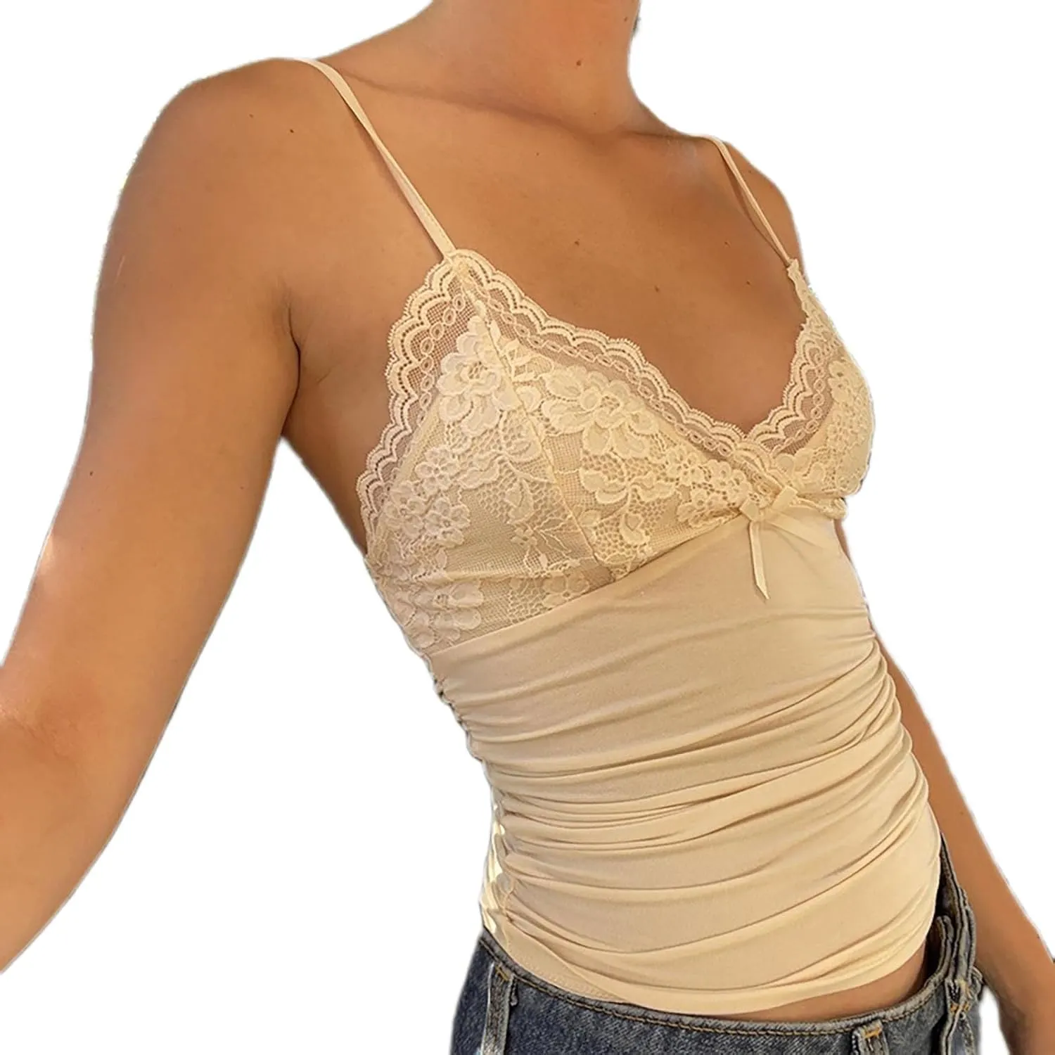 ICNGLKSND Women's Floral Lace Tank Top Bow Mesh V Neck Slim Fitted Spaghetti Strap Sleeveless Camisole Tops